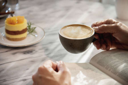 People serve beautiful fresh relax morning coffee cup set - people with coffee set background conceptの写真素材