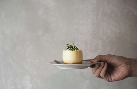 Hand holding beverage dessert over tray cement wall background with copy space - coffee break time...