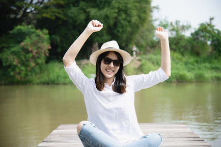Portrait beautiful lovely young girl lady in happy lifestyleの写真素材