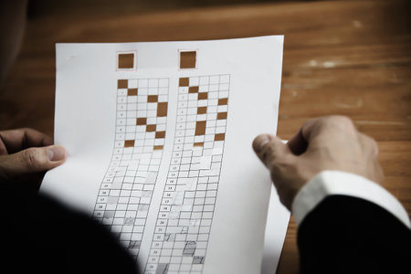 Instructor checking multiple choices answer sheet exam - education people working with paper test conceptの写真素材