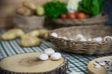 Fresh champignon mushroom vegetable in the kitchen - fresh mushroom vegetable cooking conceptの写真素材