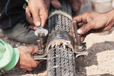 Labor man working with bridge sling tendon bolt tightening construction job - people at site construction working conceptの写真素材