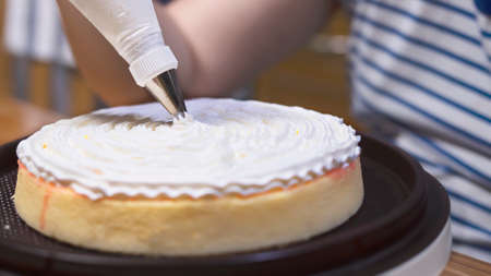 Lady making cream cake - people with homemade bakery concept
