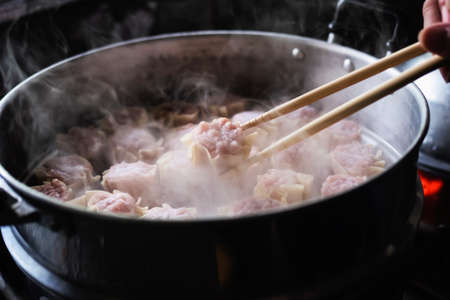 Chef is making traditional homemade Chinese pork dumplings recipeの写真素材