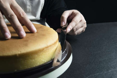 Lady making cake putting cream using spatula - homemade bakery cooking conceptの写真素材