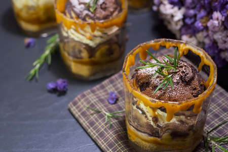 Banoffee pie cup - homemade bakery background concept