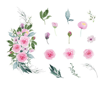 Watercolor pink flowers and green leaves separated set for beautiful nature decoration design white Vintage flowers bouquetの写真素材
