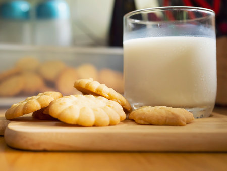 butter cookies with milk ready for serve, crispy chip snack dairy freshness bakery photography for food sweet dessert background useの写真素材