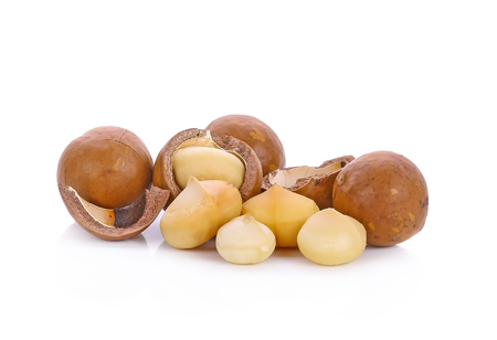 macadamia nuts isolated on white backgroundの写真素材