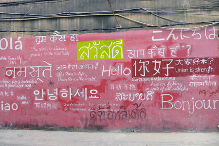 Welcome board with greeting on foreign languages,bangkok thailandのeditorial素材