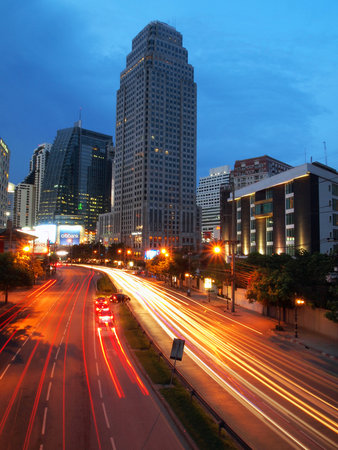 Bangkok - JUNE 4 : Bangkok cityscape, Asok road Traffic  in the business district on June 4,2012 at Bangkok , Thailandのeditorial素材