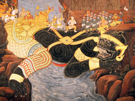 BANGKOK - THAILAND - October 06: A scene from the Ramakien in Wat Phra Kaew, Bangkok, Thailand on October 06, 2013. The Ramakien is Thailand's national epic, derived from the Hindu epic Ramayana.のeditorial素材