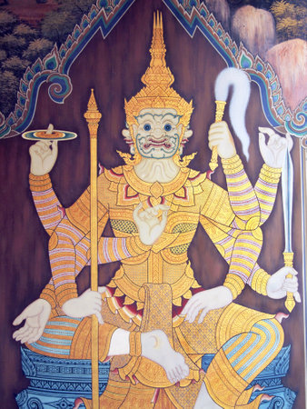 BANGKOK - THAILAND - October 06: A scene from the Ramakien in Wat Phra Kaew, Bangkok, Thailand on October 06, 2013. The Ramakien is Thailand's national epic, derived from the Hindu epic Ramayana.のeditorial素材