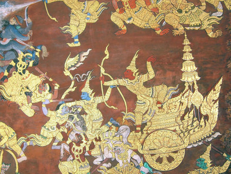 BANGKOK - THAILAND - October 06: A scene from the Ramakien in Wat Phra Kaew, Bangkok, Thailand on October 06, 2013. The Ramakien is Thailand's national epic, derived from the Hindu epic Ramayana.のeditorial素材