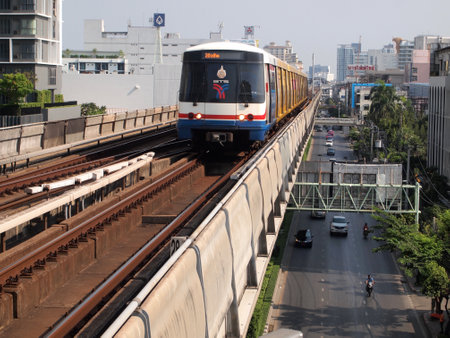 Bangkok,Thailand - March 4,2015: BTS Skytrain at a station in the city centre as the rail network.