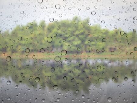 close up drops of rain on glass background. tree out of focusの写真素材