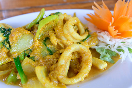 close up Fried Squid curry powder , soft focusの写真素材