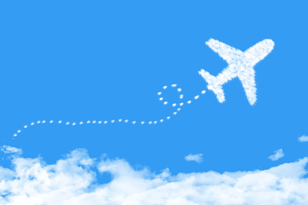 plane shape clouds flight route with start point and dash line trace