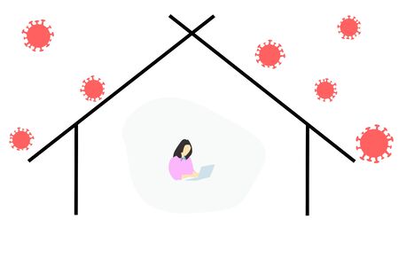 Work at home concept illustration design. Freelance woman working on computer at houseの写真素材