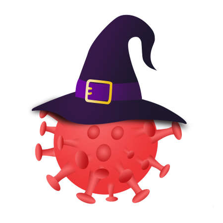 Covid-19 virus wearing witch hat. Isolated on white background ,3d illustrationの写真素材