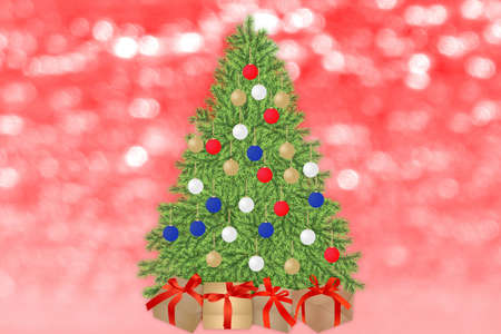 Christmas decorations tree on Red de-focused lights background, Happy New Year and Xmasの写真素材