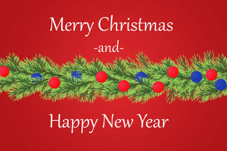 Border with Christmas and happty new year tree branches on red backgroundの写真素材