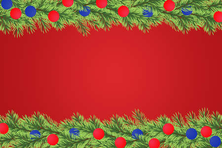 Border with Christmas and happty new year tree branches on red backgroundの写真素材