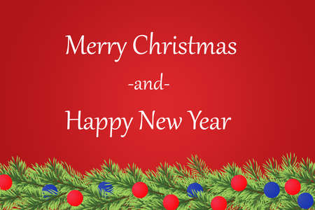 Border with Christmas and happty new year tree branches on red backgroundの写真素材