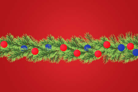 Border with Christmas and happty new year tree branches on red backgroundの写真素材