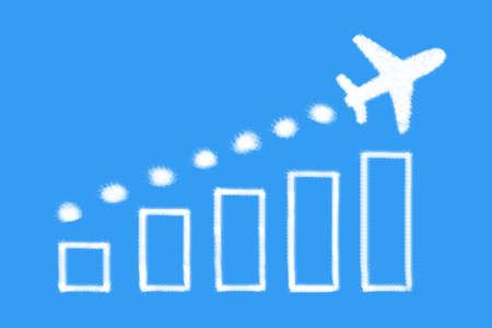 Plane on cloud shaped with growing shape cloud graph on blue background, Growth and successful concept.の写真素材