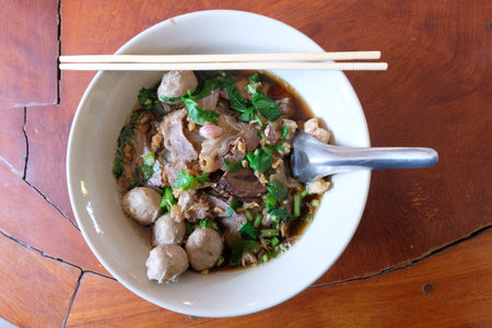 Thai style noodle blood soup. close up or selective focus