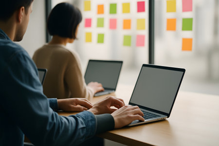 a whiteboard covered in colorful sticky notes in the foreground, colleagues collaborating in a modern, open-plan workspace, representing brainstormingの素材