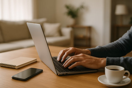 Close up of a business man working on a laptopの素材