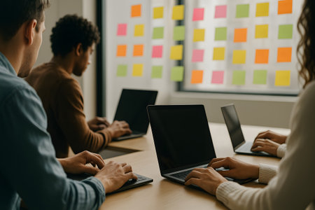 a whiteboard covered in colorful sticky notes in the foreground, colleagues collaborating in a modern, open-plan workspace, representing brainstormingの素材