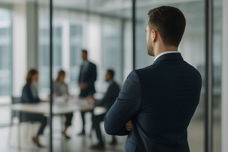 Successful businessman standing with his back to the office, arms crossedの素材