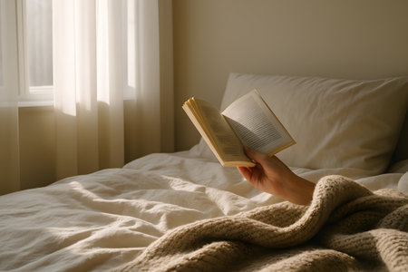 Woman savoring a book in bed on morningの素材
