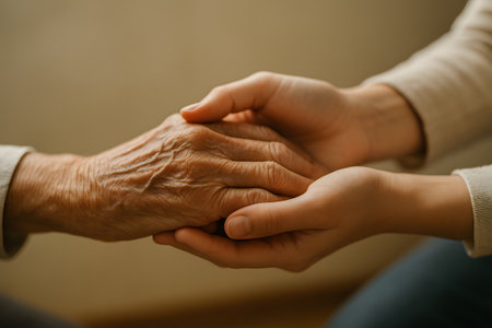 close up hands of connection between generations showing love and support.の素材