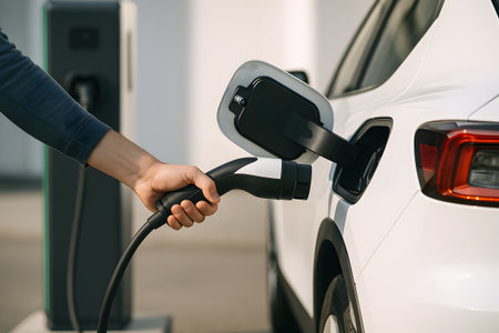 close up man holding power supply cable at electric vehicle charging stationの素材