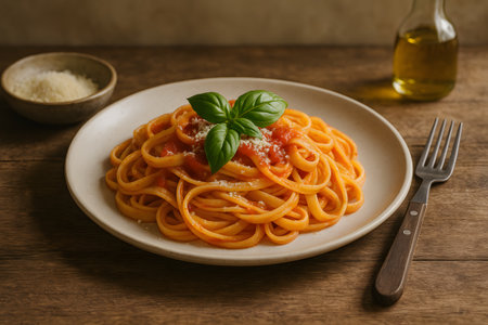 close up delicious pasta dish servedの素材