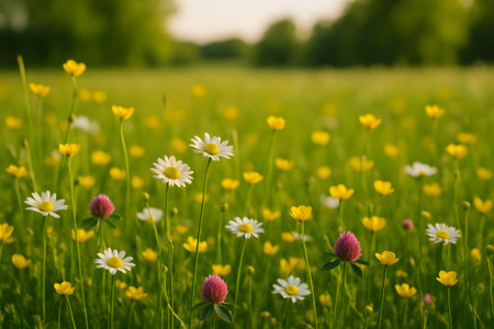 Beautiful spring and summer natural landscape with blooming field of daisiesの素材