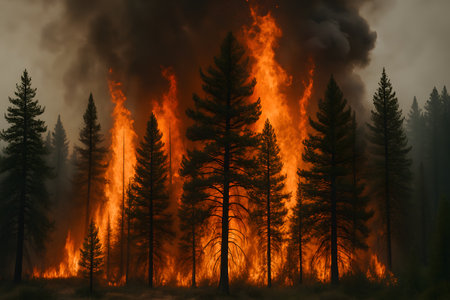 Forest wildfire burning across a hillside under a smokyの素材