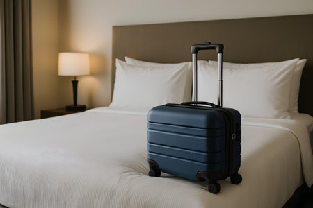bag sits on a pristine hotel bed ,exuding sophistication and the promise of restful travel experiencesの素材