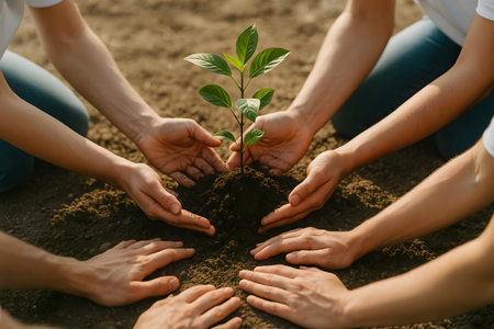 close up several hands gently plant a young seedling into fertile soil, reflecting unity, care for the environmentの素材