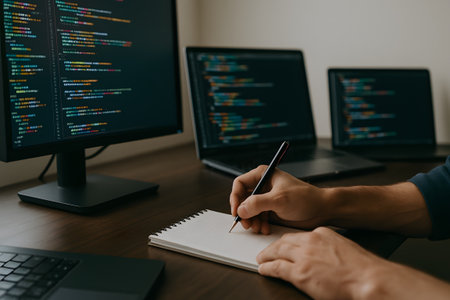 Software developer coding at night, tech lifestyle, productivity vibe, shallow depth of fieldの素材