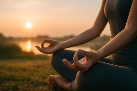 Woman meditating in a seated yoga poseの素材
