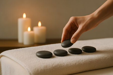 Relaxing spa setup with stone, candle, and towelの素材