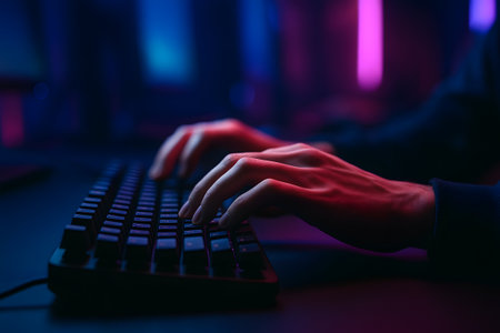 close up male gamer streaming in neon-lit roomの素材
