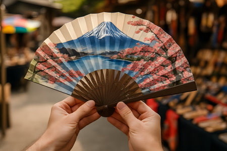 Hand Holding Traditional Japanese Fan Mount Fujiの素材