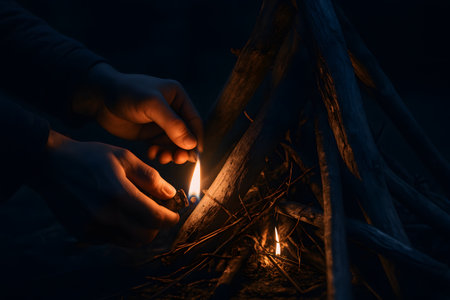 lighter is lit on a dry branch, preparing to make a fire near the tent in the forest, in the evening atmosphere.の素材