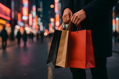 man walking outdoors at night, carrying shopping bags with joy, surrounded by city lightsの素材